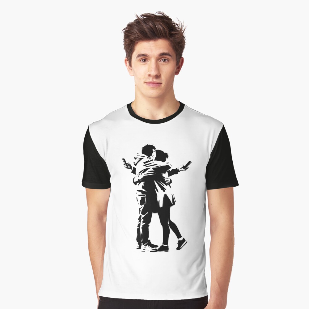 Couple Hugging While Holding Phones Graffiti Art, Banksy inspired