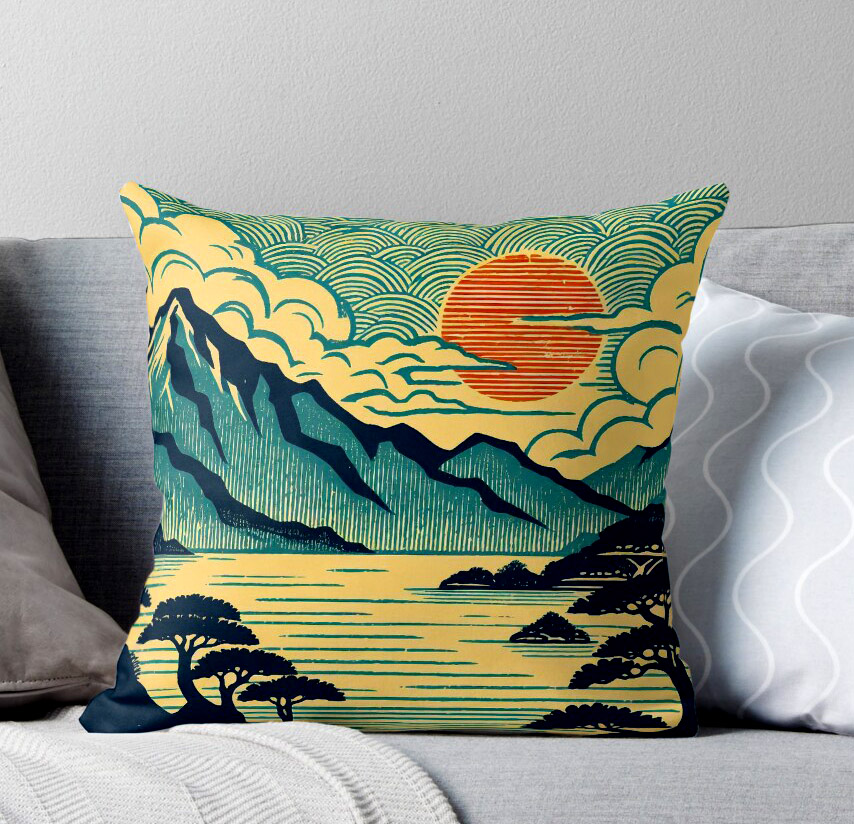 Japanese Woodblock In Blue Of Fishing Village And Mountains